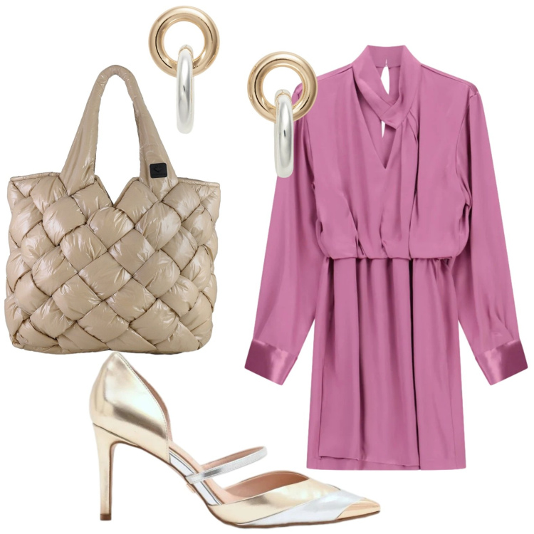 Outfit donna - Cena di lavoro. Stile Chic per Ufficio. Abbinamento con décolleté, orecchini, borse tote, vestiti asimmetrici.