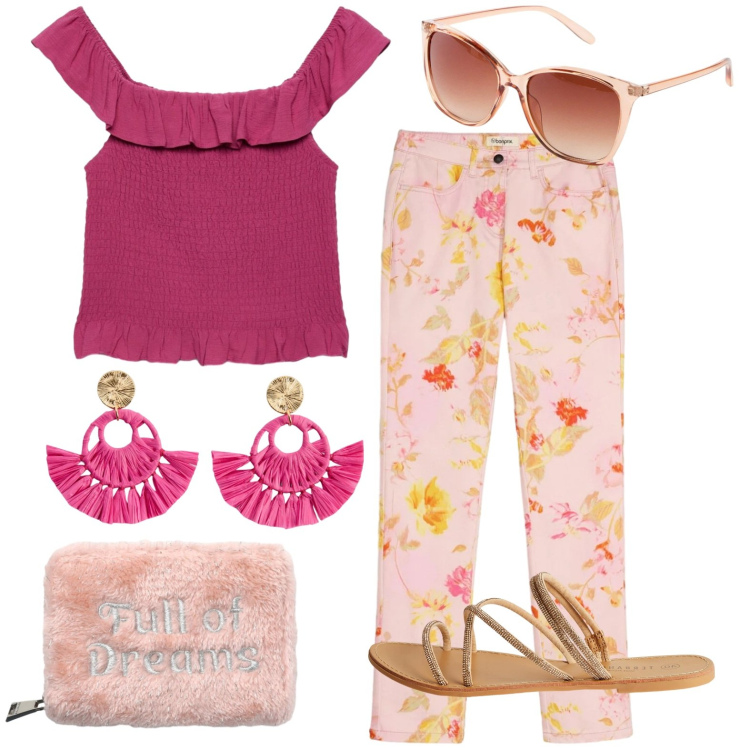 Outfit donna - Total look #2422325. Stile Casual per Tutti i giorni. Abbinamento con pantaloni, occhiali da sole, orecchini, top, sandali, portafogli.