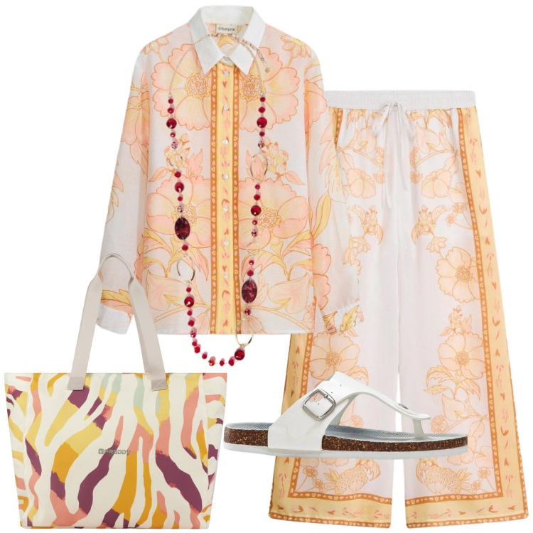 Outfit donna - Total look #2422333. Stile Casual chic per Tutti i giorni. Abbinamento con pantaloni a palazzo, camicia, infradito, shopping bag, collane.