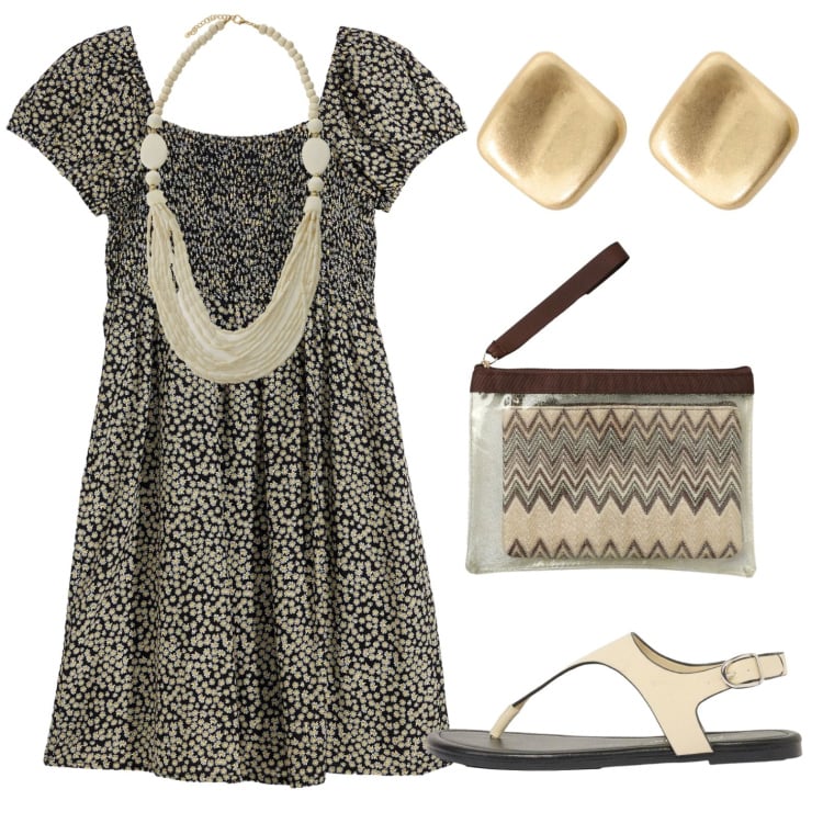 Outfit donna - Total look #2422340. Stile Casual per Tutti i giorni. Abbinamento con vestiti corti, infradito, pochette, collane, orecchini.