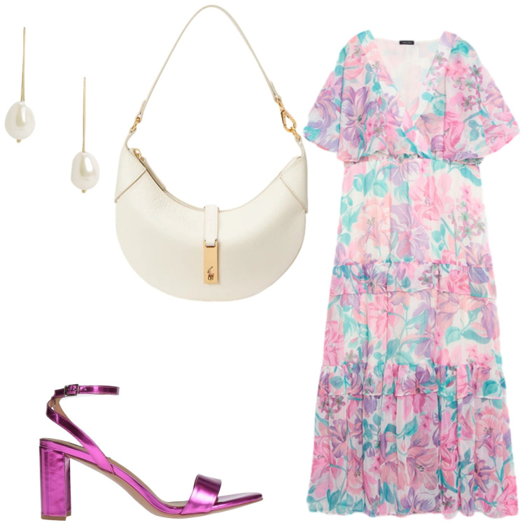 Outfit donna - Total look #2422354. Stile Romantica per Cerimonia. Abbinamento con sandali in pelle, vestiti lunghi, borse a spalla, orecchini.