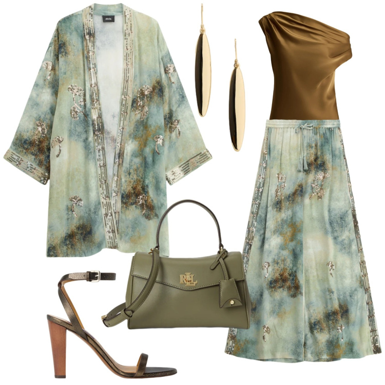 Outfit donna - Memorie di un sogno. Stile Boho per Serata fuori. Abbinamento con top, borse a mano, orecchini, sandali col tacco, pantaloni a palazzo, blazer.