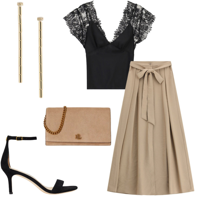 Outfit donna - Aperitivo d\'estate. Stile Casual chic per Serata fuori. Abbinamento con canottiere, gonne lunghe, sandali in pelle, borse a tracolla, orecchini.