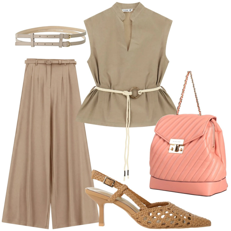 Outfit donna - Touch peach. Stile Bon Ton per Ufficio. Abbinamento con zaini, pantaloni a palazzo, décolleté, cinture, camicie.