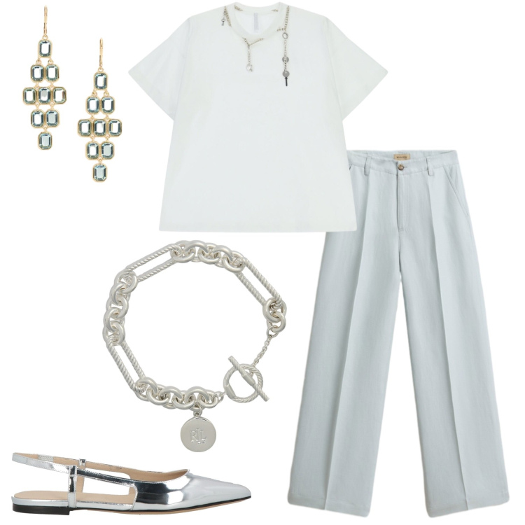 Outfit donna - Aperitivo d\'estate. Stile Casual chic per Serata fuori. Abbinamento con ballerine, t-shirt, pantaloni, braccialetti, orecchini.
