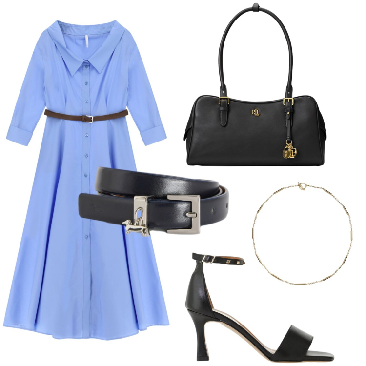 Outfit donna - Stile ed eleganza. Stile Bon Ton per Tutti i giorni. Abbinamento con cinture, vestiti chemisier, sandali col tacco, borse a mano, collane.