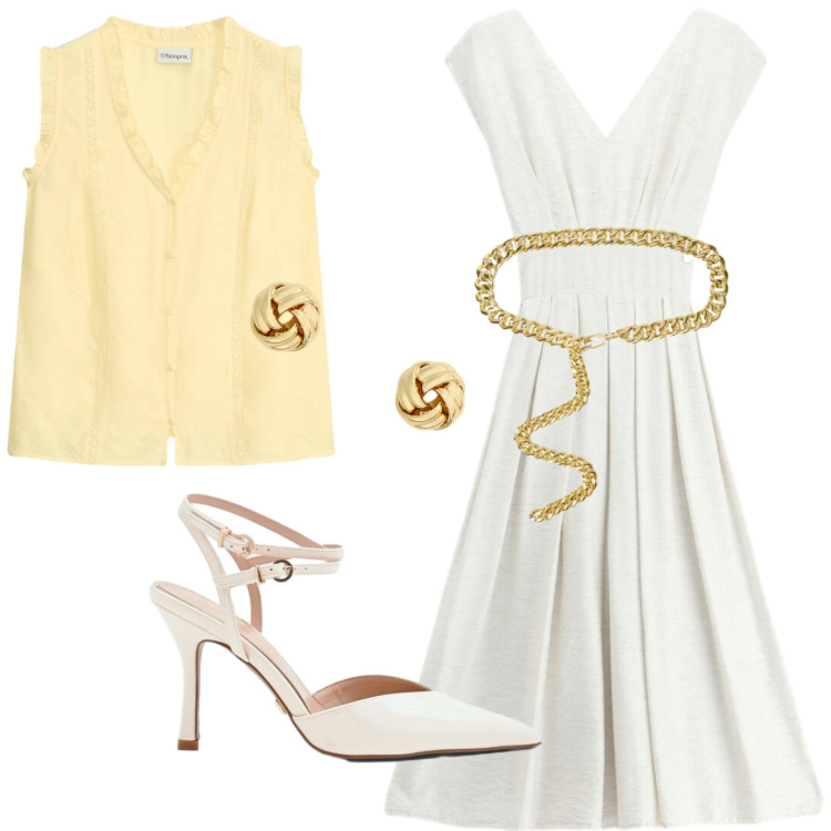 Outfit donna - Colori estivi. Stile Glamour per Tutti i giorni. Abbinamento con canottiere, vestiti midi/longuette, décolleté, cinture, orecchini.