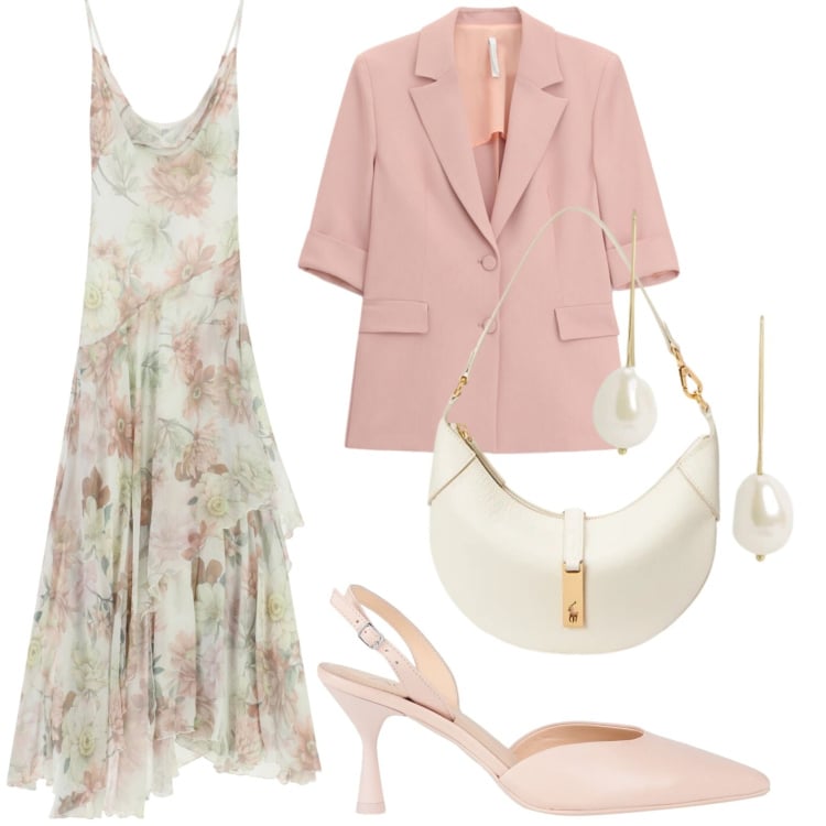 Outfit donna - Cerimonia estiva. Stile Chic per Cerimonia. Abbinamento con décolleté, vestiti lunghi, blazer, borse a spalla, orecchini.