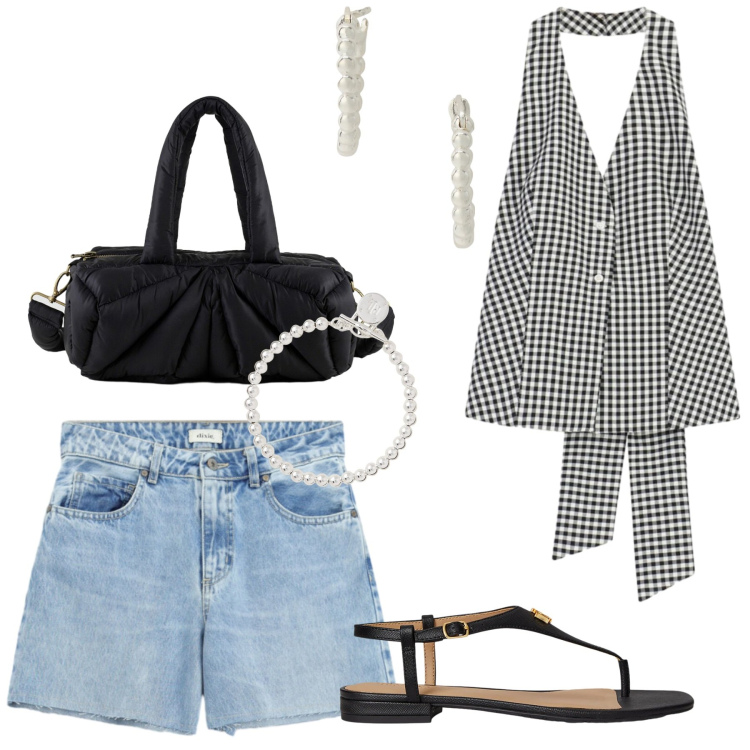Outfit donna - Caldo estivo. Stile Casual chic per Tutti i giorni. Abbinamento con braccialetti, orecchini, sandali in pelle, borse a mano, top, shorts.