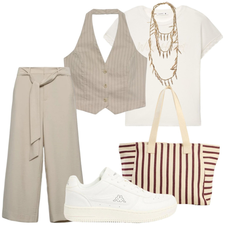 Outfit donna - Comodità tutto il giorno. Stile Casual per Ufficio. Abbinamento con sneakers, shopping bag, gilet, pantaloni a palazzo, t-shirt, collane.