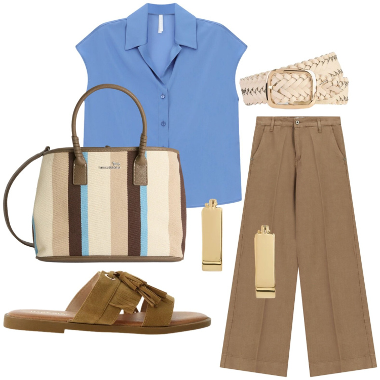 Outfit donna - Immagine curata. Stile Chic per Ufficio. Abbinamento con cinture, shopping bag, camicie a manica corta, sandali, pantaloni a palazzo, orecchini.
