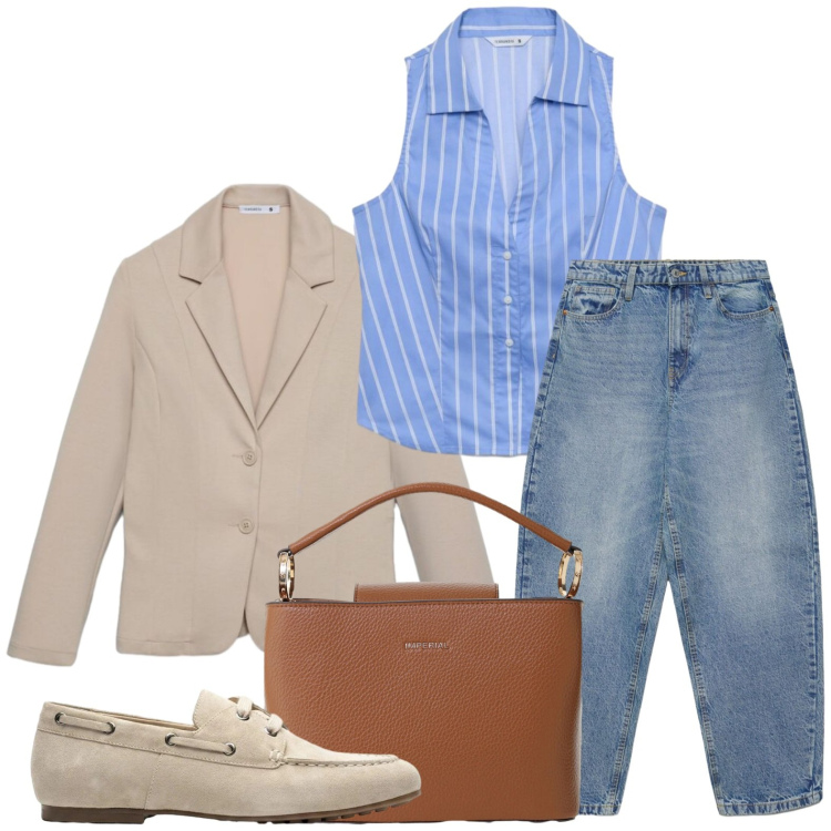 Outfit donna - Professionale e raffinato. Stile Casual per Ufficio. Abbinamento con mocassini, camicie a manica corta, blazer, jeans, borse a secchiello.