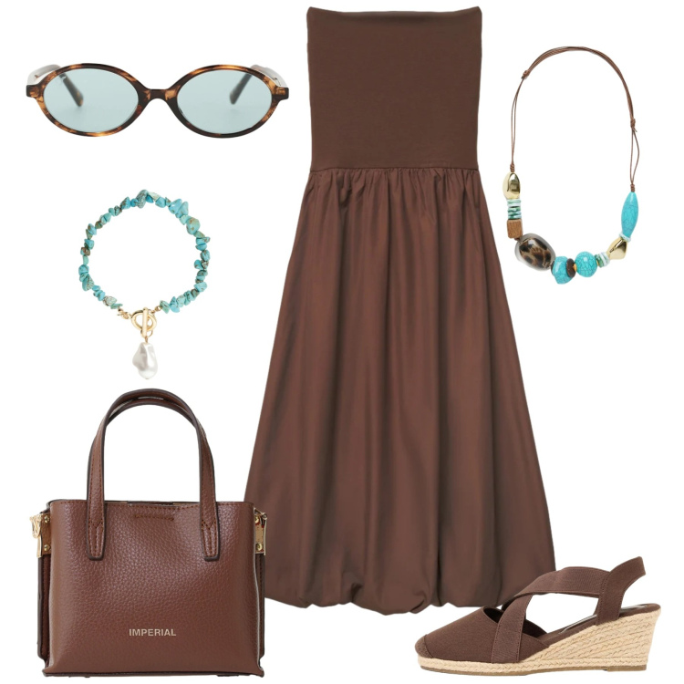 Outfit donna - Aperitivo d\'estate. Stile Glamour per Serata fuori. Abbinamento con zeppe, vestiti midi/longuette, braccialetti, occhiali da sole, borse a tracolla, collane.