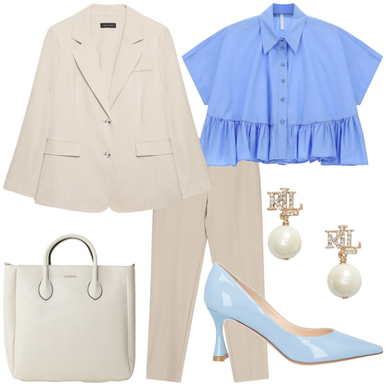 Outfit donna - Occasioni formali. Stile Casual per Ufficio. Abbinamento con décolleté, pantaloni, camicie a manica corta, borse a tracolla, blazer, orecchini.