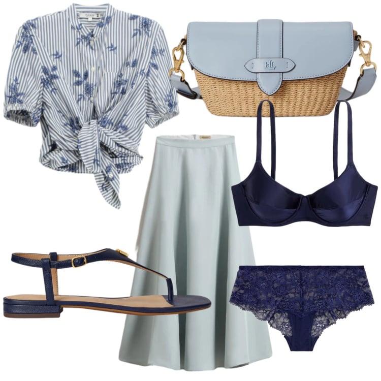 Outfit donna - Tempo libero. Stile Trendy per Tutti i giorni. Abbinamento con camicie a manica corta, gonne lunghe, culotte, reggiseni, borse a spalla, sandali in pelle.