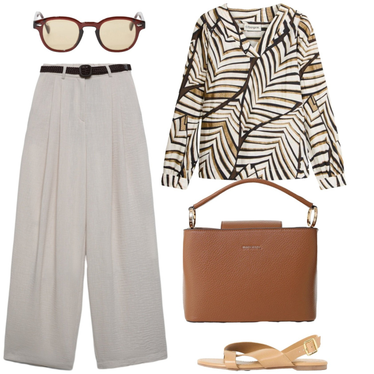 Outfit donna - Stampa. Stile Etnico per Ufficio. Abbinamento con tuniche, sandali, pantaloni, occhiali da sole, borse a secchiello.