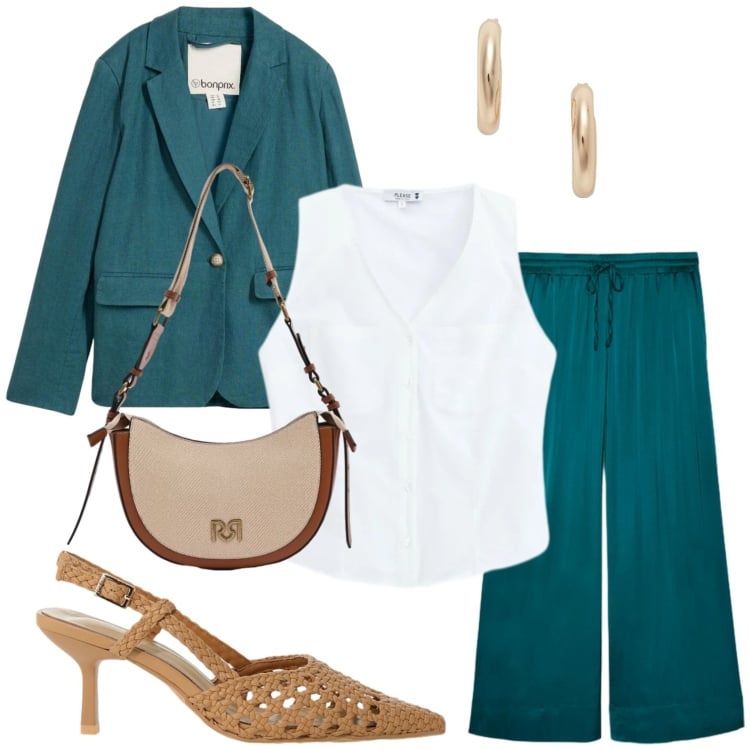 Outfit donna - Colore intenso. Stile Casual per Ufficio. Abbinamento con blazer, décolleté, camicie, borse a tracolla, pantaloni, orecchini.