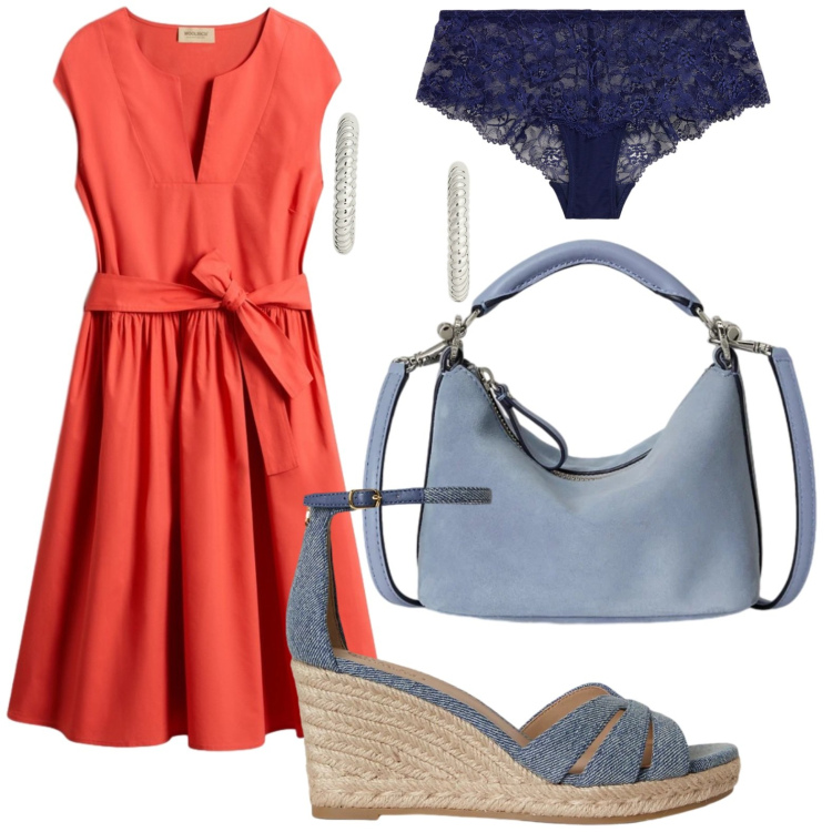 Outfit donna - Classico elegante. Stile Casual per Ufficio. Abbinamento con vestiti corti, culotte, orecchini, zeppe, borse a spalla.