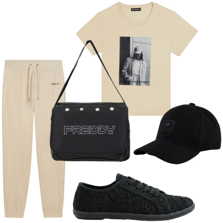Outfit donna - Comoda e funzionale. Stile Casual per Sport. Abbinamento con sneakers, borse messenger, pantaloni, t-shirt, cappelli con visiera.