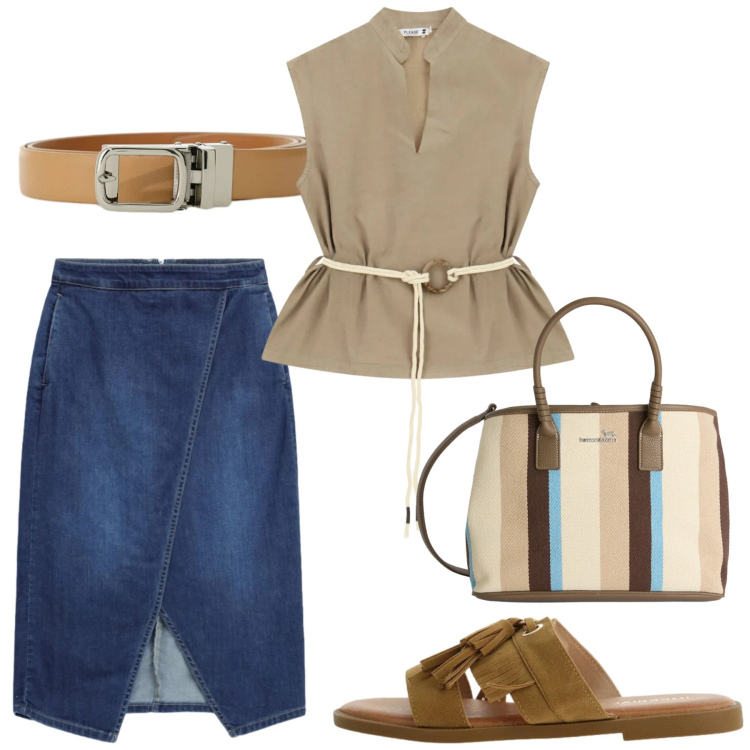 Outfit donna - Total look #2422415. Stile Minimal per Ufficio. Abbinamento con shopping bag, sandali, cinture, gonne longuette, camicie.