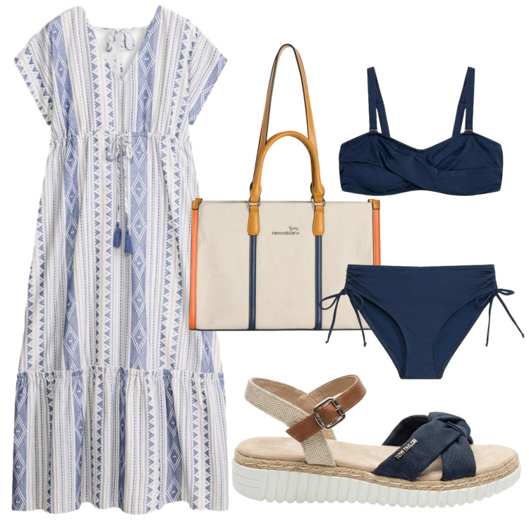 Outfit donna - Total look #2422425. Stile Basic per Mare. Abbinamento con bikini, vestiti midi/longuette, sandali, borse tote.