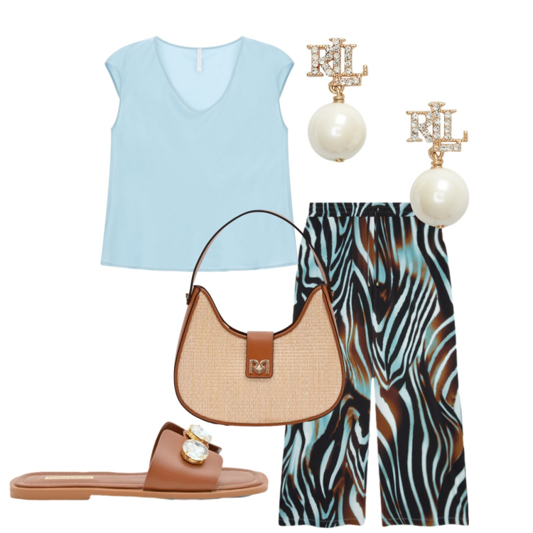 Outfit donna - Total look #2422427. Stile Etnico per Ufficio. Abbinamento con top, sandali gioiello, borse a spalla, pantaloni a palazzo, orecchini.