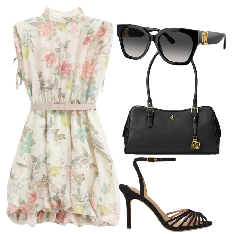 Outfit donna - Total look #2422429. Stile Glamour per Cerimonia. Abbinamento con vestiti corti, occhiali da sole, borse a mano, sandali col tacco.