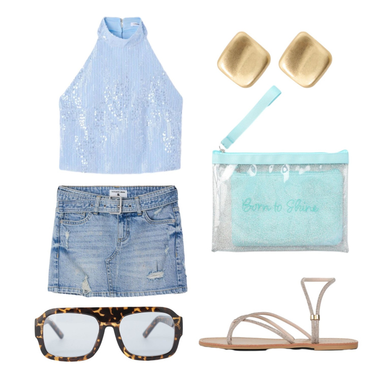 Outfit donna - Giugno. Stile Glamour per Tutti i giorni. Abbinamento con sandali, pochette, minigonne, top, occhiali da sole, orecchini.