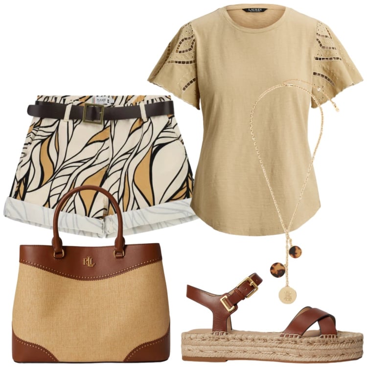 Outfit donna - Total look #2422431. Stile Trendy per Serata fuori. Abbinamento con shorts, espadrillas, borse a mano, t-shirt, collane.