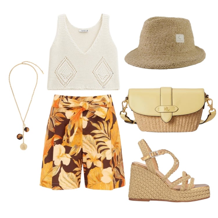 Outfit donna - Giugno. Stile Glamour per Tutti i giorni. Abbinamento con espadrillas, top, pantaloni corti, borse a tracolla, collane, cappelli.