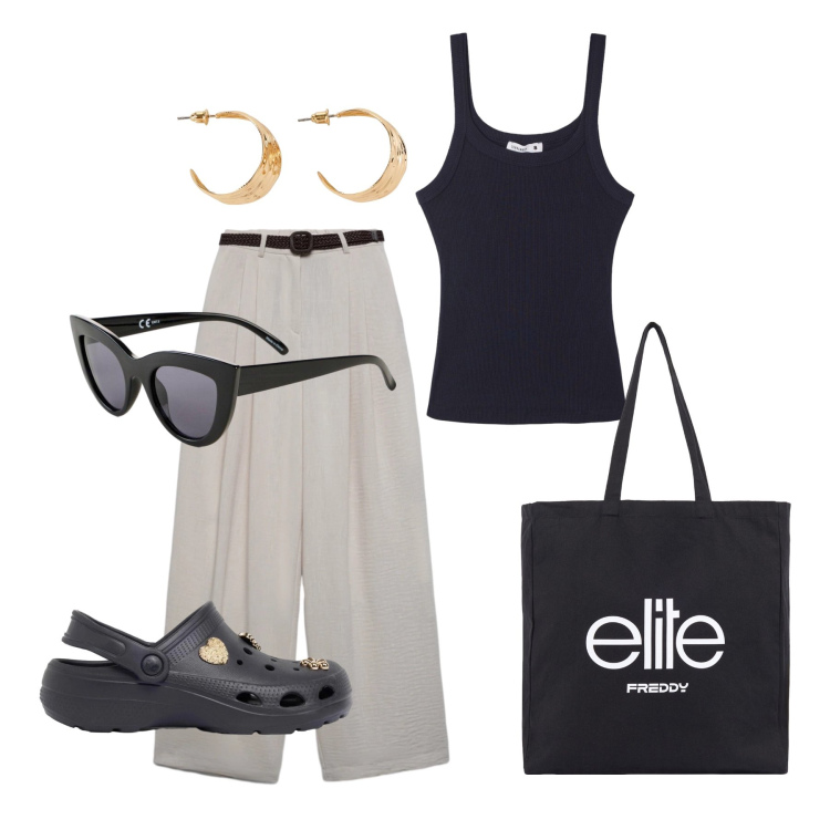 Outfit donna - Giugno. Stile Basic per Tutti i giorni. Abbinamento con sabot, occhiali da sole, orecchini, pantaloni, canottiere, shopping bag.