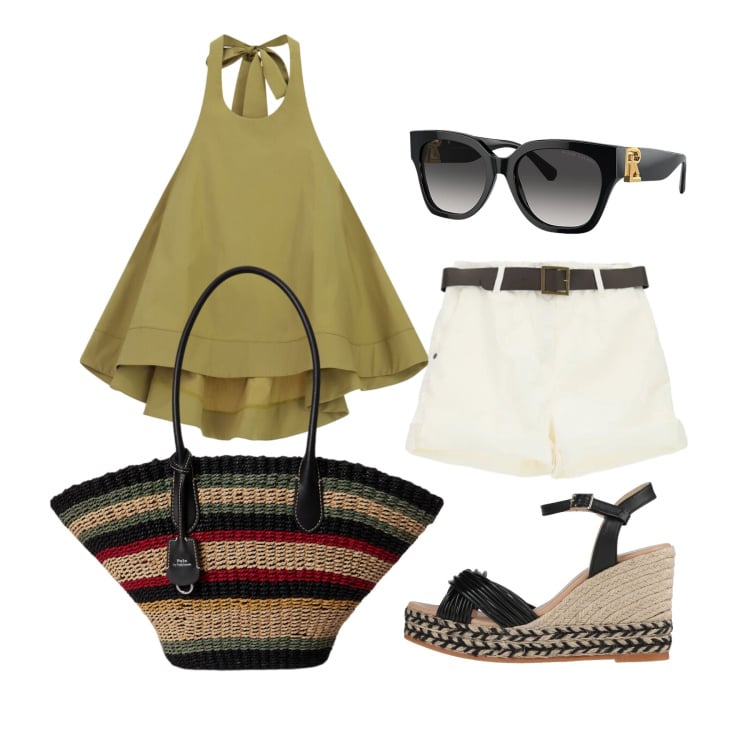Outfit donna - Giugno. Stile Trendy per Tutti i giorni. Abbinamento con espadrillas, top, shorts, occhiali da sole, borse tote.