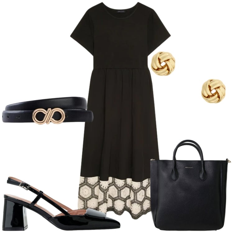 Outfit donna - Total look #2422442. Stile Bon Ton per Serata fuori. Abbinamento con cinture, borse a tracolla, décolleté, vestiti lunghi, orecchini.