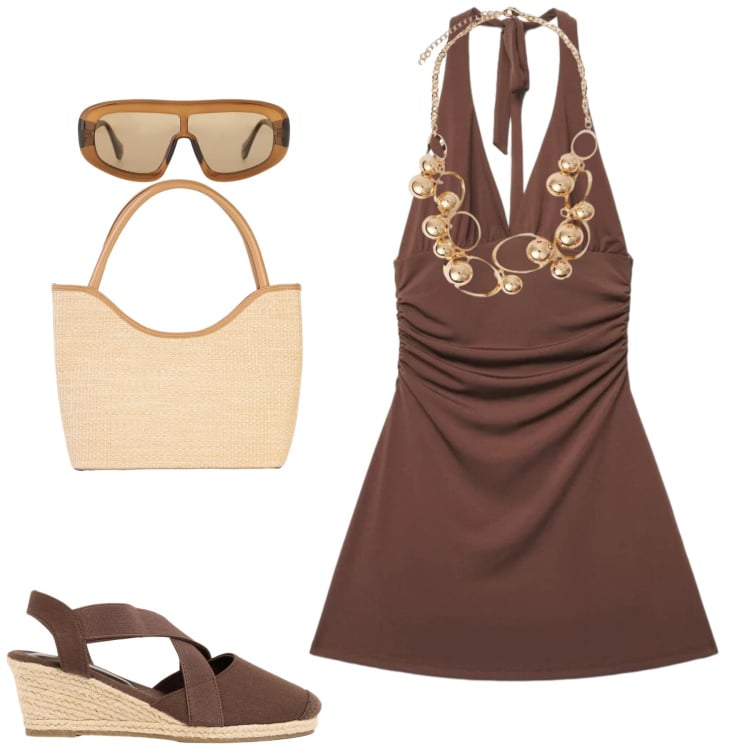 Outfit donna - Cacao. Stile Casual chic per Tutti i giorni. Abbinamento con shopping bag, zeppe, vestiti corti, occhiali da sole, collane.
