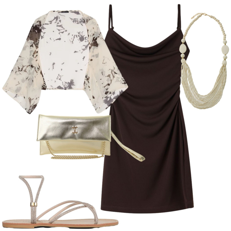 Outfit donna - Serata. Stile Chic per Serata fuori. Abbinamento con vestiti corti, sandali, borse a tracolla, collane, bolero.