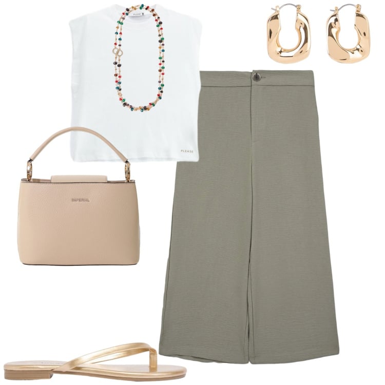 Outfit donna - City. Stile Casual chic per Tutti i giorni. Abbinamento con orecchini, sandali, pantaloni a palazzo, borse a secchiello, top, collane.