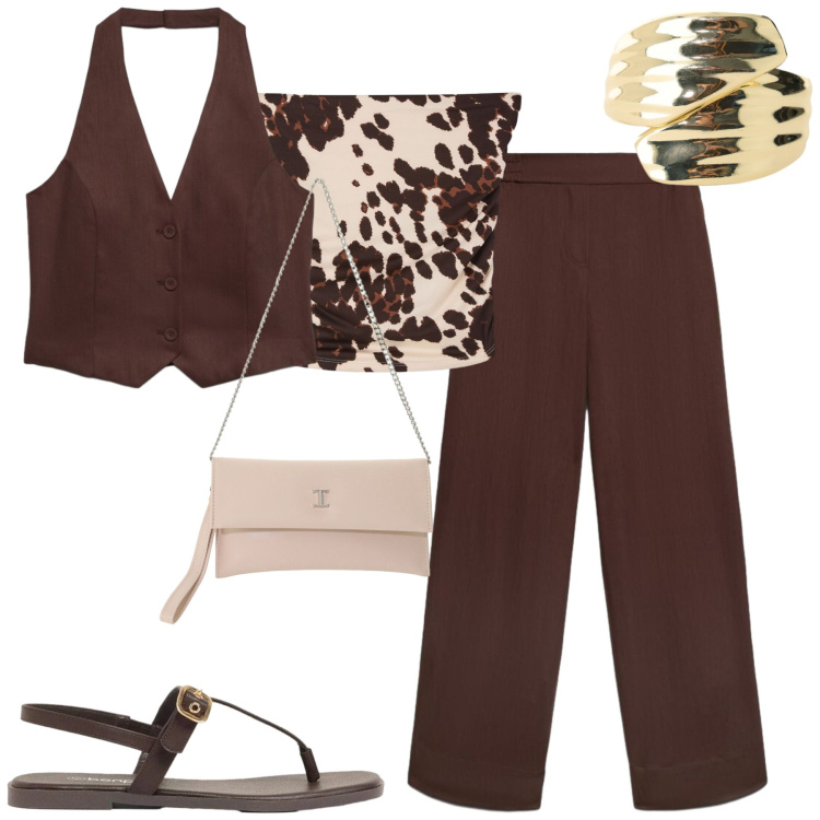 Outfit donna - City. Stile Casual chic per Tutti i giorni. Abbinamento con sandali, pantaloni, top, gilet, anelli, borse a tracolla.