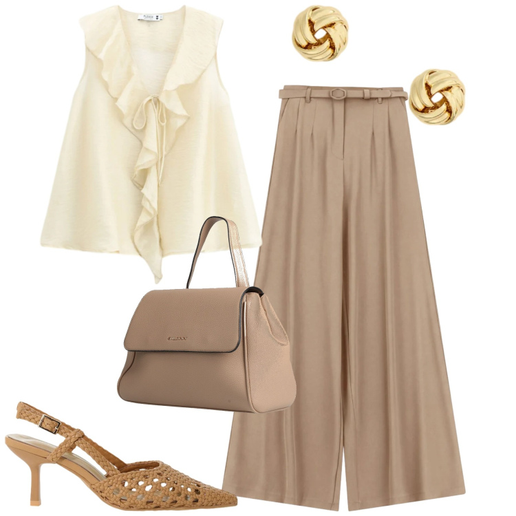 Outfit donna - In ufficio. Stile Chic per Ufficio. Abbinamento con zaini, pantaloni a palazzo, décolleté, top, orecchini.