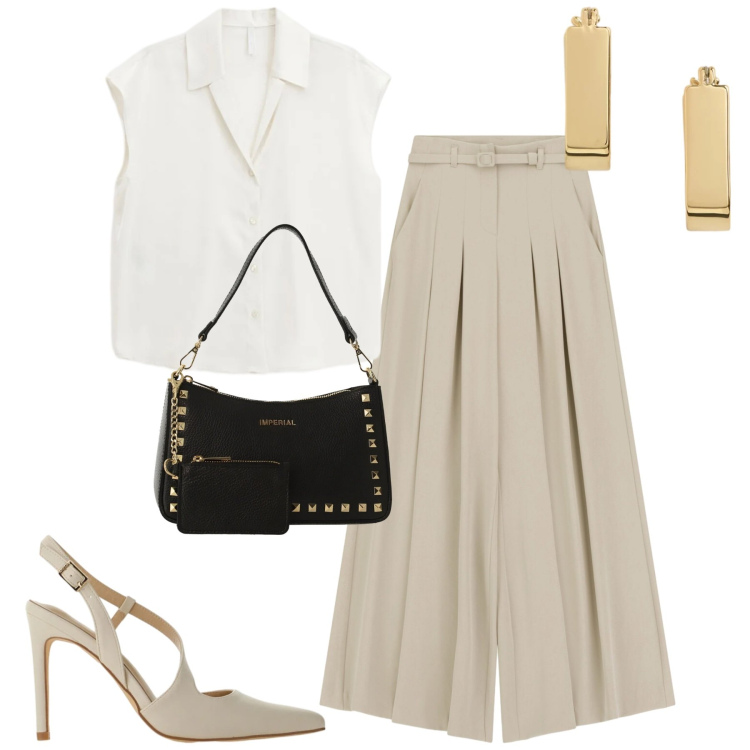 Outfit donna - City. Stile Urban per Tutti i giorni. Abbinamento con pantaloni a palazzo, camicie, décolleté, borse a spalla, orecchini.