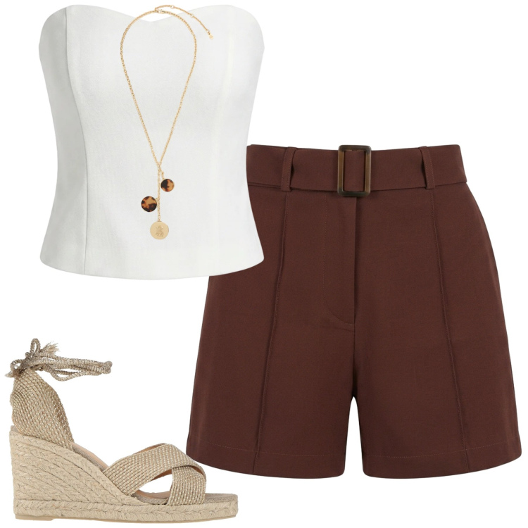 Outfit donna - City. Stile Casual chic per Tutti i giorni. Abbinamento con espadrillas, top, shorts, collane.
