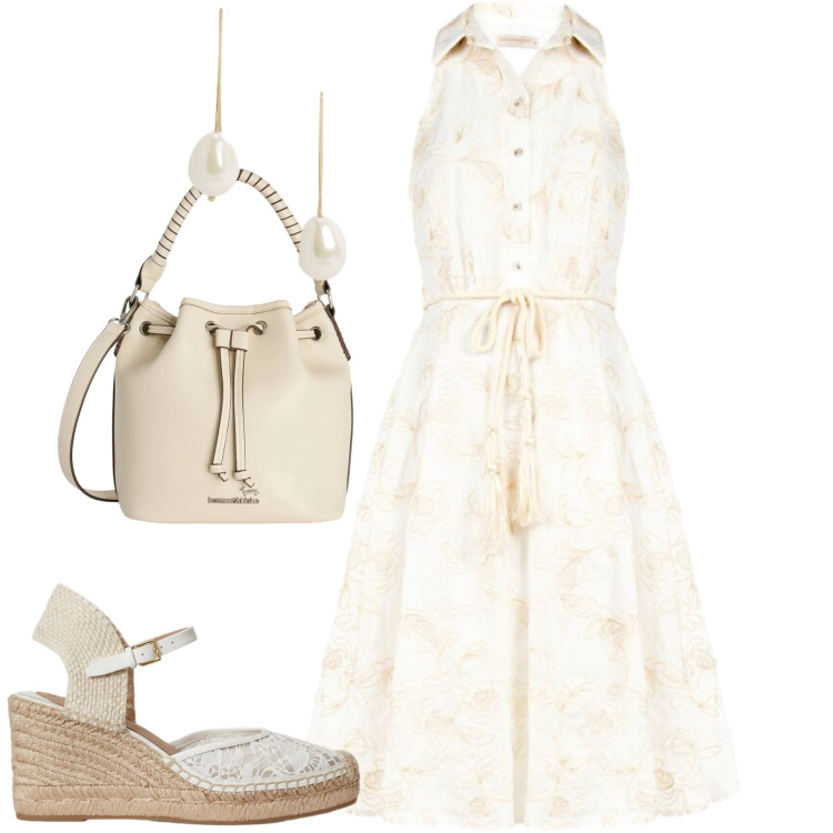 Outfit donna - City. Stile Romantica per Tutti i giorni. Abbinamento con borse a secchiello, vestiti chemisier, espadrillas, orecchini.