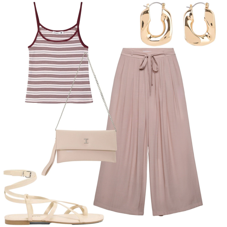 Outfit donna - Rosè. Stile Casual chic per Tutti i giorni. Abbinamento con orecchini, sandali, pantaloni, canottiere, borse a tracolla.