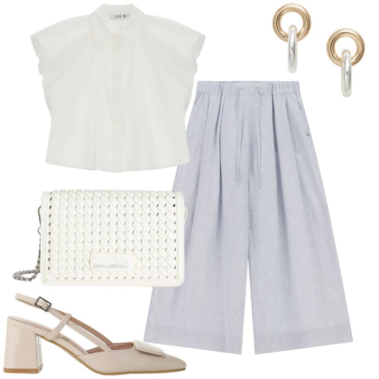 Outfit donna - Total look #2422464. Stile Casual chic per Tutti i giorni. Abbinamento con borse a tracolla, décolleté, pantaloni a palazzo, camicie a manica corta, orecchini.