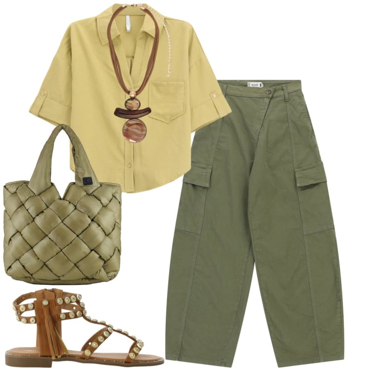 Outfit donna - Giugno. Stile Casual per Tutti i giorni. Abbinamento con camicie a manica corta, sandali, pantaloni cargo, ciondoli, borse tote.