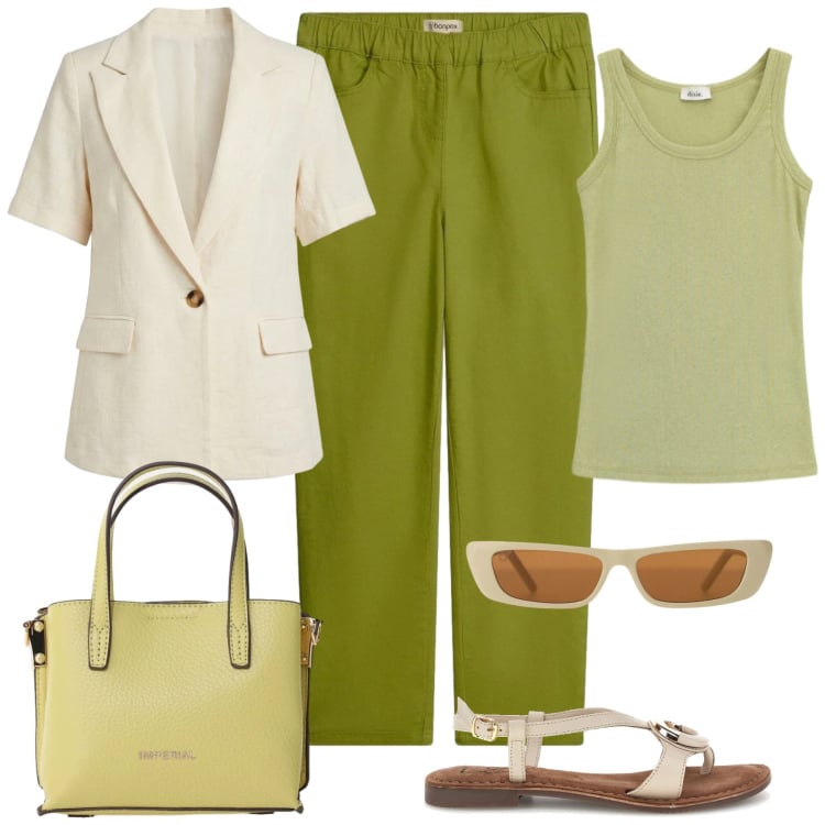 Outfit donna - Maree emotive. Stile Casual chic per Tutti i giorni. Abbinamento con pantaloni, occhiali da sole, borse a tracolla, top, blazer, sandali.