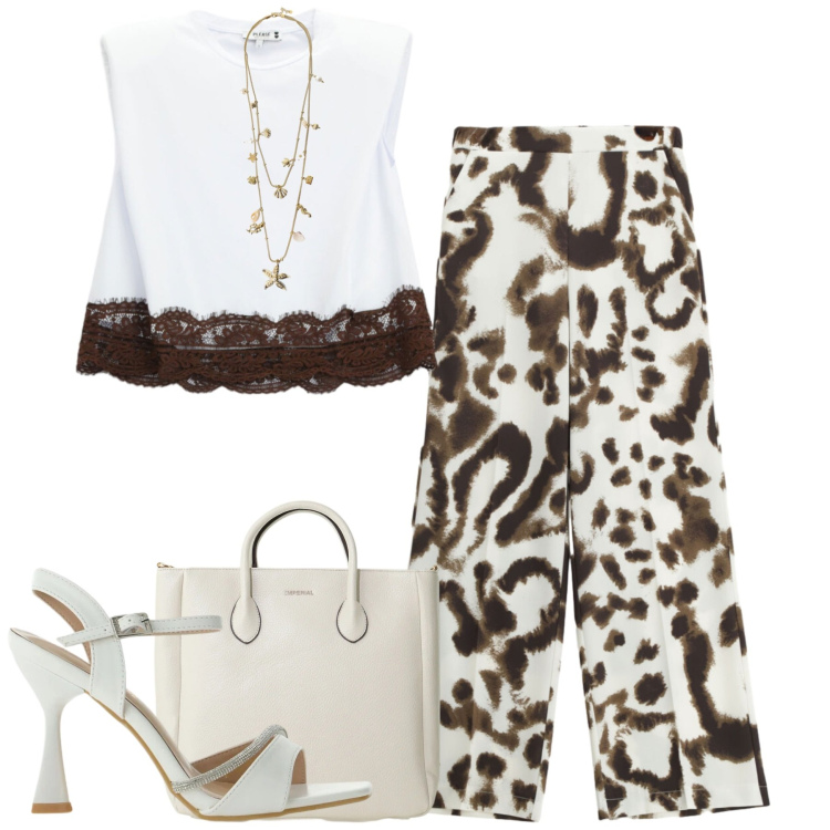 Outfit donna - City. Stile Casual chic per Tutti i giorni. Abbinamento con collane, pantaloni a palazzo, borse a tracolla, sandali gioiello, top.