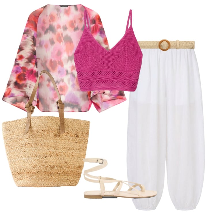 Outfit donna - Coprispalle esotico. Stile Etnico per Mare. Abbinamento con shopping bag, sandali, pantaloni, top, cinture, blazer.