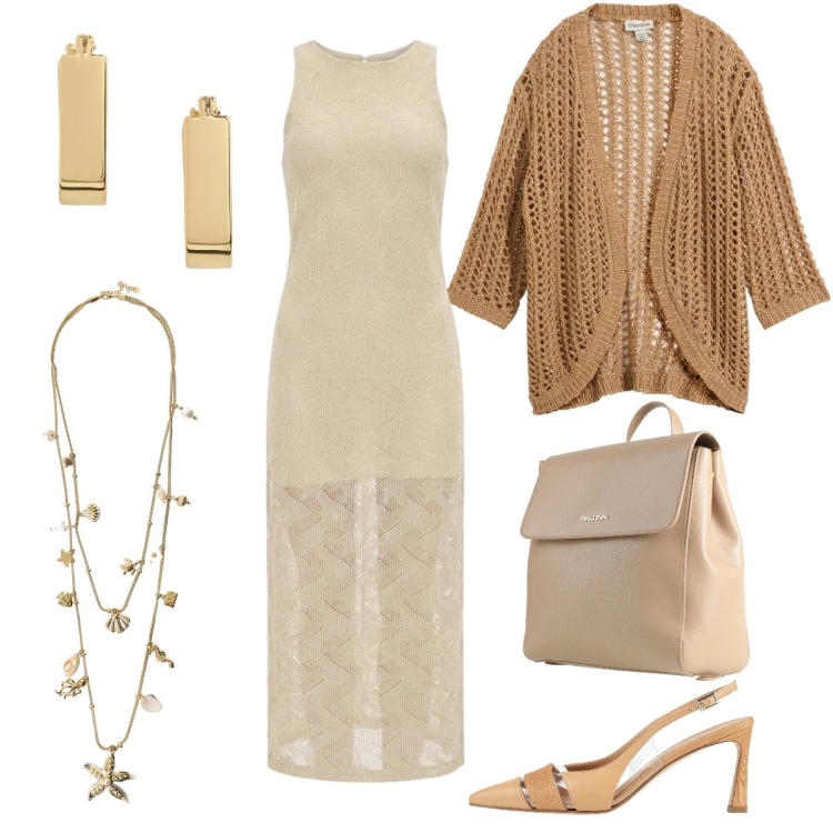 Outfit donna - Passeggiata estiva serale. Stile Casual per Serata fuori. Abbinamento con zaini, décolleté, cardigans, collane, vestiti midi/longuette, orecchini.