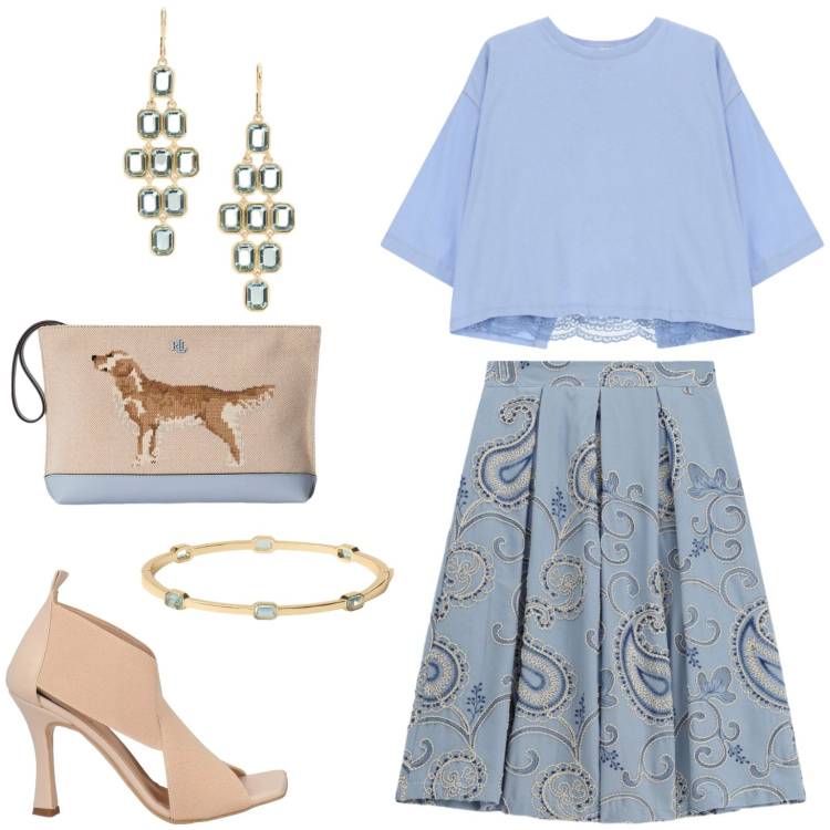 Outfit donna - Stile unico. Stile Casual chic per Tutti i giorni. Abbinamento con sandali in pelle, pochette, orecchini, braccialetti, gonne longuette, top.