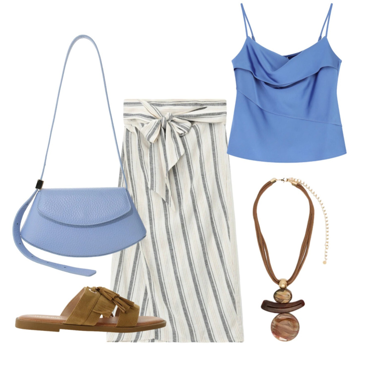 Outfit donna - Giugno. Stile Trendy per Tutti i giorni. Abbinamento con sandali, canottiere, borse a spalla, gonne longuette, ciondoli.